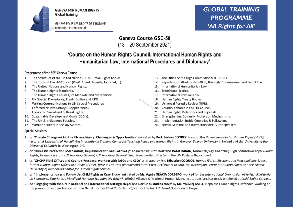 Programme of the previous September 2021 course GSC-50 during HRC-48